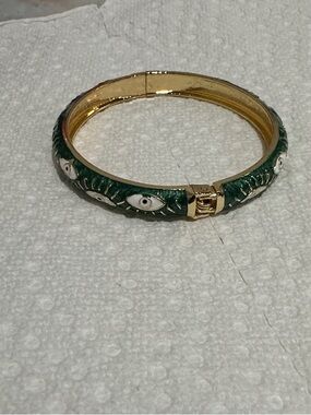 Gold-Tone Green Evil Eye Enamel Hinged Bangle Bracelet
